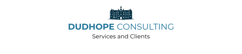 Drawing of Broughty Ferry Castle with Dudhope Consulting and the tagline achieve compliance with services and clients written under it in blue on white